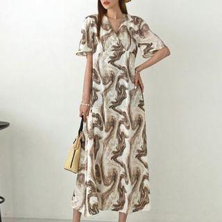 Wrap-front Printed Long Flare Dress