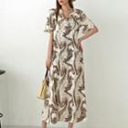 Wrap-front Printed Long Flare Dress