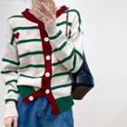 Round-neck Color-block Striped Button-up Cardigan