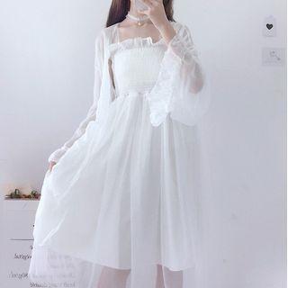 Spaghetti Strap Ruffled Midi A-line Dress / Jacket