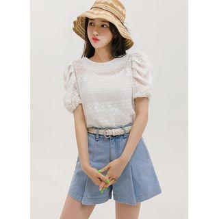 Shirred Puff-sleeve Lace Blouse