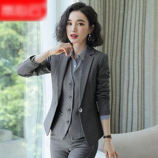 Single-button Blazer / Dress Pants / V-neck Vest / Pencil Skirt / Blouse / Set