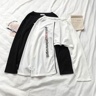 Lettering Two-tone Irregular Hem Long-sleeve T-shirt