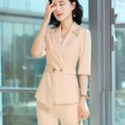 Set: Elbow-sleeve Double-breasted Blazer + Straight-cut Pants