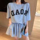 Set: Letter Print T-shirt + Band-waist Shorts Gray - One Size