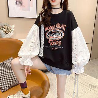 Graphic Print Lace Panel Sweatshirt