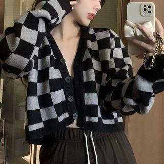 Color Panel Plaid Loose-fit Cropped Single-breasted Knit Top