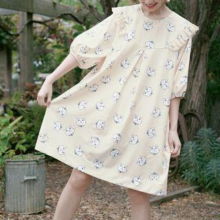 Elbow-sleeve Cat Print A-line Dress