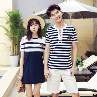 Couple Matching Stripe Short-sleeve T-shirt / Open Shoulder Short-sleeve Dress