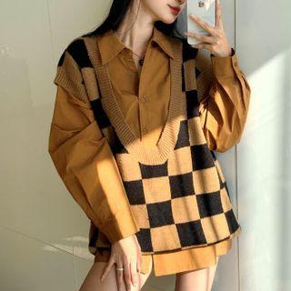 Long-sleeve Plain Shirt / Checkered Sweater Vest