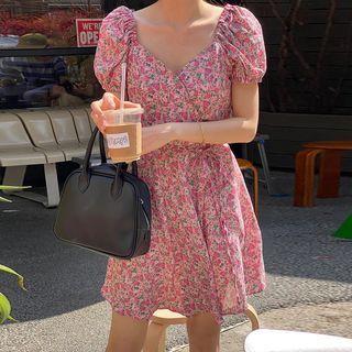 Short-sleeve Floral A-line Dress Green & Pink - One Size