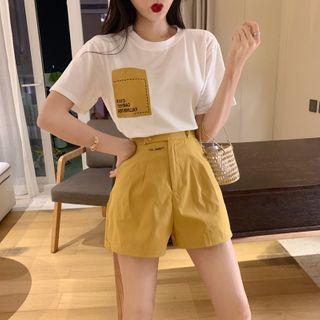 Set: Short-sleeve Lettering Print T-shirt + Wide Leg Shorts