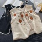 Embroidered Single-breasted Crochet Vest