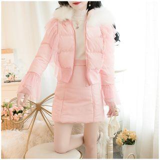 Set: Faux-fur Hooded Padded Jacket + A-line Skirt