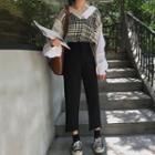 Check V-neck Mock Two-piece Sweater / Cropped Pants