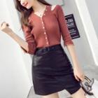 Set: Elbow-sleeve Shoulder Cut Out Top + Faux Leather Fitted Skirt