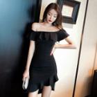 Off-shoulder Short-sleeve Ruffle Hem Mini Sheath Dress