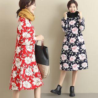 High Neck Floral Long-sleeve A-line Dress