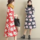 High Neck Floral Long-sleeve A-line Dress