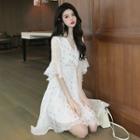 Elbow-sleeve Foil Print A-line Dress