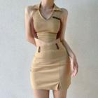 Two-tone Collared Cropped Halter Top / Side-slit Mini Pencil Skirt