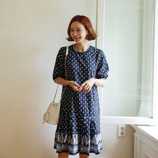 Pleated-hem Pattern A-line Dress Navy Blue - One Size