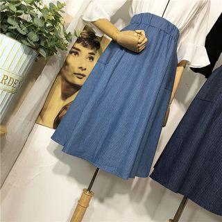 Striped Denim A-line Midi Skirt