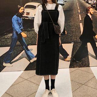 Plain Puff-sleeve Blouse / Contrast Stitching Midi Jumper Dress