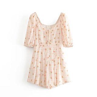 Short-sleeve Plaid Flower Print Romper