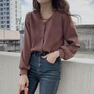 Long-sleeve V-neck Plain Simple Top