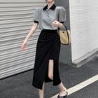 Short-sleeve Collar Plaid T-shirt / Side-slit Midi Pencil Skirt