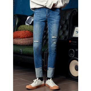 Contrast-hem Distressed Skinny Jeans