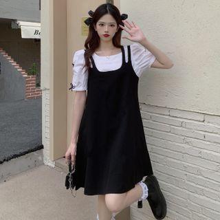 Set: Short-sleeve Bow Detail Blouse + Overall Dress