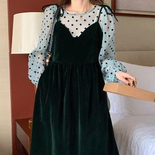 Long-sleeve Dotted Top / Spaghetti Strap Velvet Dress