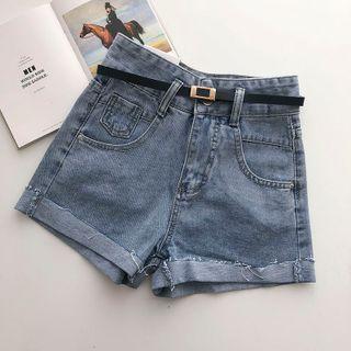 Roll-up High-waist Shorts With Denim