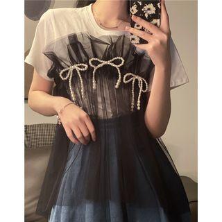 Mock Two-piece Short-sleeve Overlay T-shirt Black & White - One Size