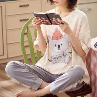 Loungewear Set : Short-sleeve Tree Bear Print Top + Pants