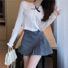 Bow Knit Top / Pleated A-line Skirt
