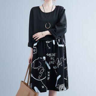 Long-sleeve Print Panel A-line Dress Black - One Size