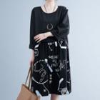 Long-sleeve Print Panel A-line Dress Black - One Size