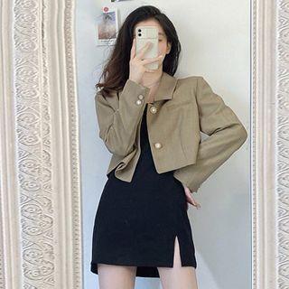 Set: Slit A-line Dress + Crop Blazer