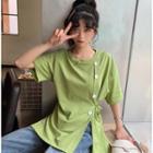 Buttoned Side-slit Elbow-sleeve T-shirt