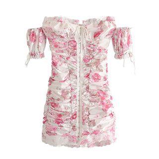 Off-shoulder Floral Shirred Mini Dress