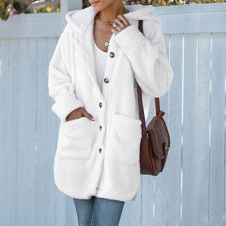Long-sleeve Plain Pocketed Fluffy Hooded Jacket