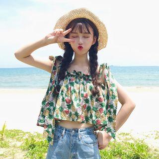 Ribbon-strap Pineapple-print Crop Top As Shown In Figure - One Size