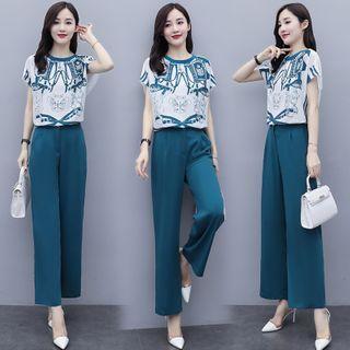 Set: Cap-sleeve Printed Top + Pants
