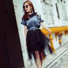 Short-sleeve Denim Panel Midi A-line Mesh Dress