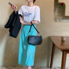 Elbow-sleeve Single Breasted Blazer / Short-sleeve Lettering Print T-shirt / A-line Midi Skirt