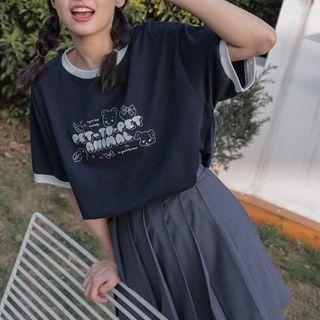 Lettering Cartoon Print Ringer T-shirt
