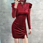 Long-sleeve Frill Trim Velvet Mini Bodycon Qipao Dress